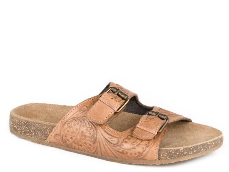 Roper Tan Tooled Two Strap Sandal