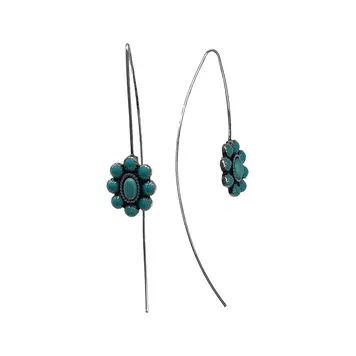 Silver Strike Turquoise Flower Long Hook Earrings