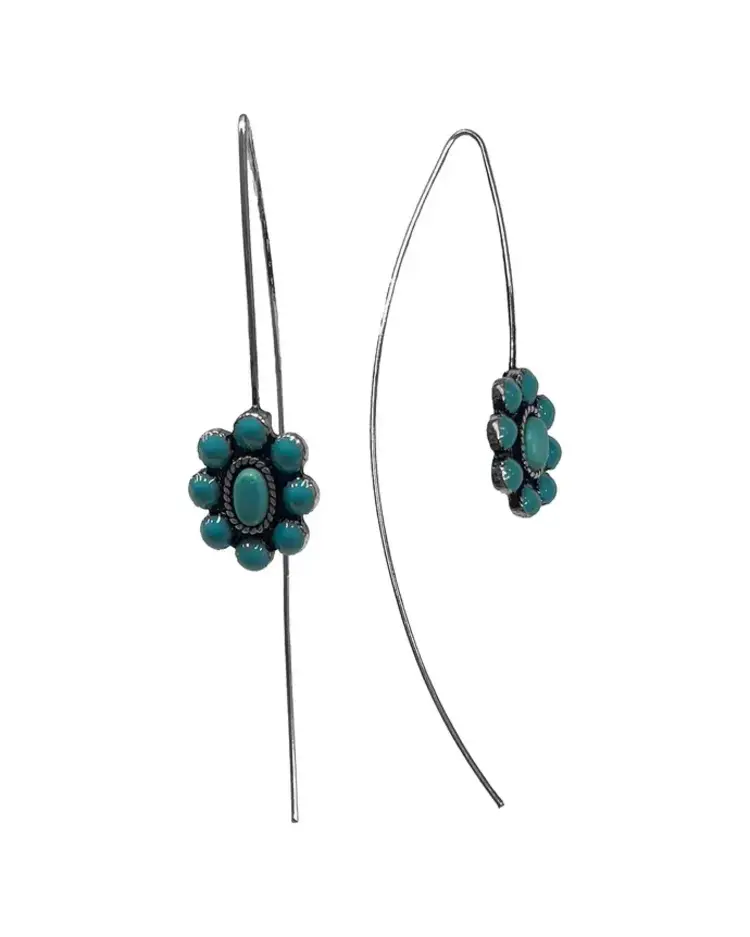 Silver Strike Turquoise Flower Long Hook Earrings