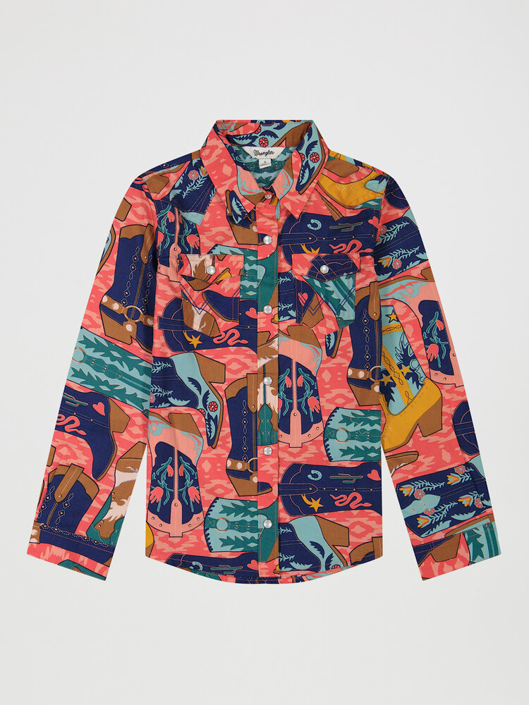 Wrangler Youth Snap Pink Blue Boot Print
