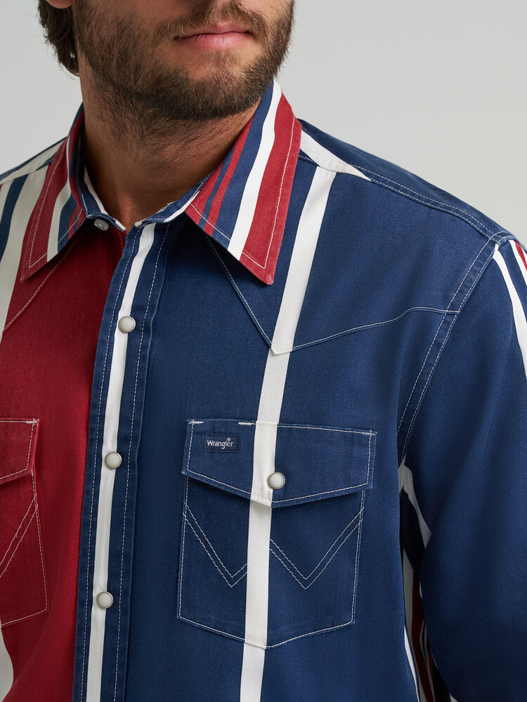 Wrangler Vintage Inspired Snap Blue Multi Stripe