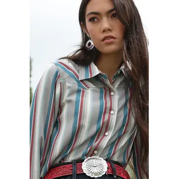 Cruel Denim Grey Red Blue Striped Snap