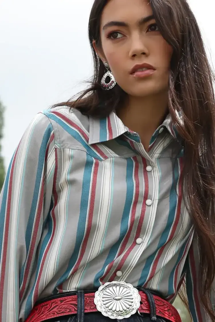 Cruel Denim Grey Red Blue Striped Snap