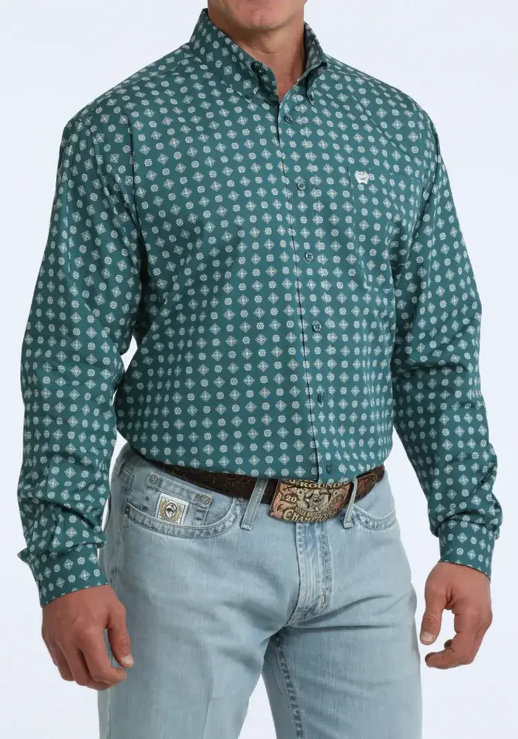 Cinch Geometric Print Button Down Green