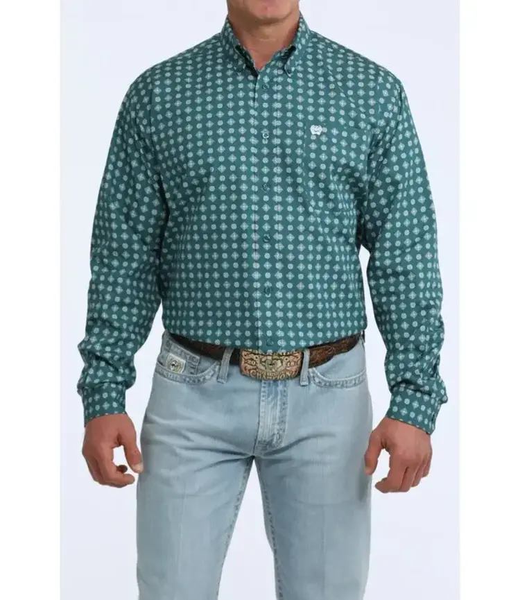 Cinch Geometric Print Button Down Green