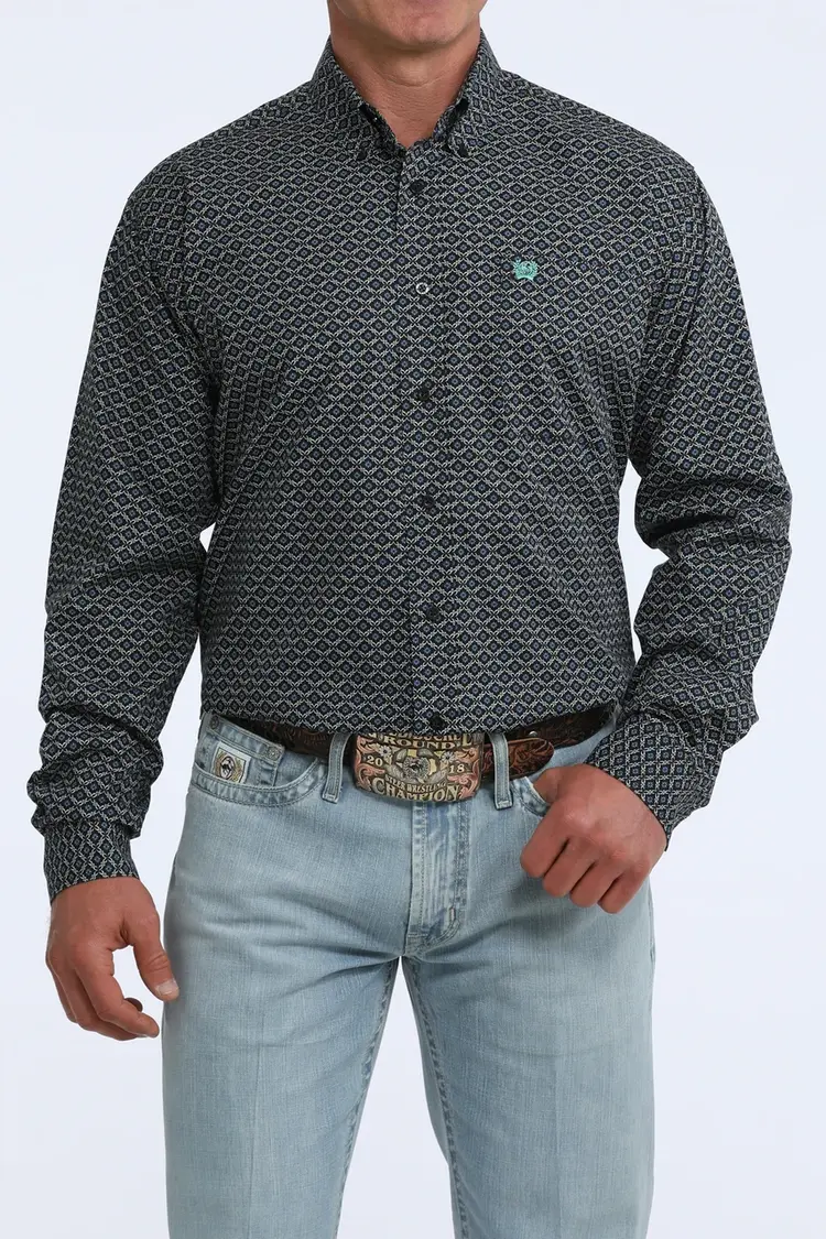 Cinch Black Blue Diamond Print Button Down