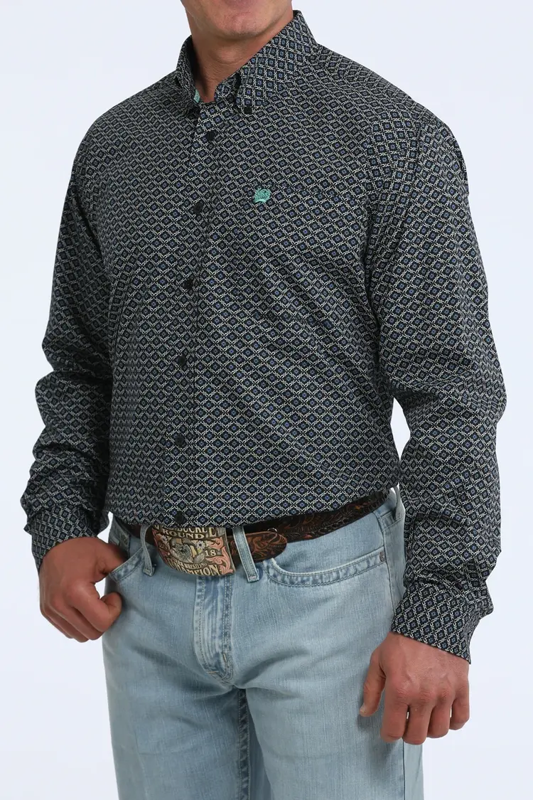 Cinch Black Blue Diamond Print Button Down