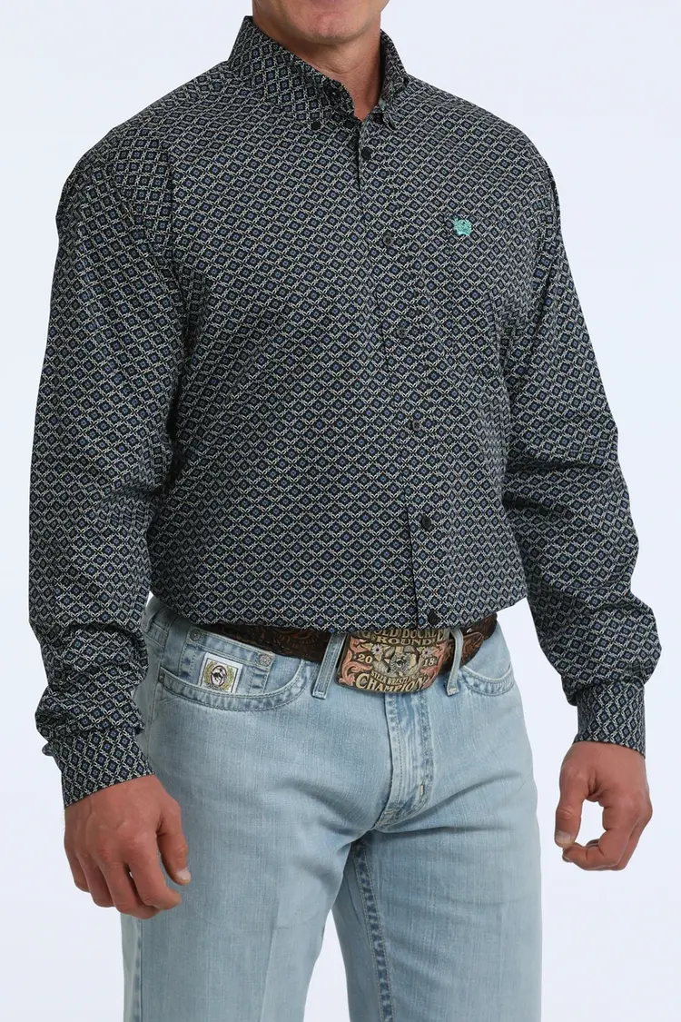 Cinch Black Blue Diamond Print Button Down