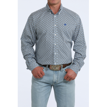 Cinch Geometric Print Button Down Light Blue