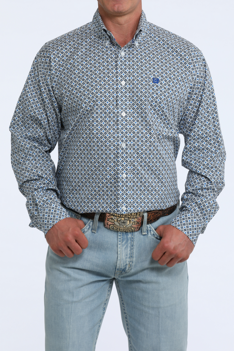 Cinch Geometric Print Button Down Light Blue