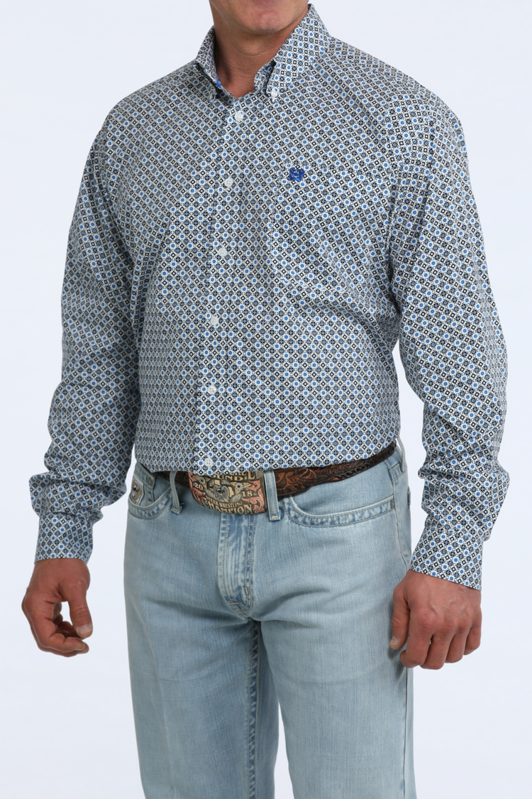 Cinch Geometric Print Button Down Light Blue