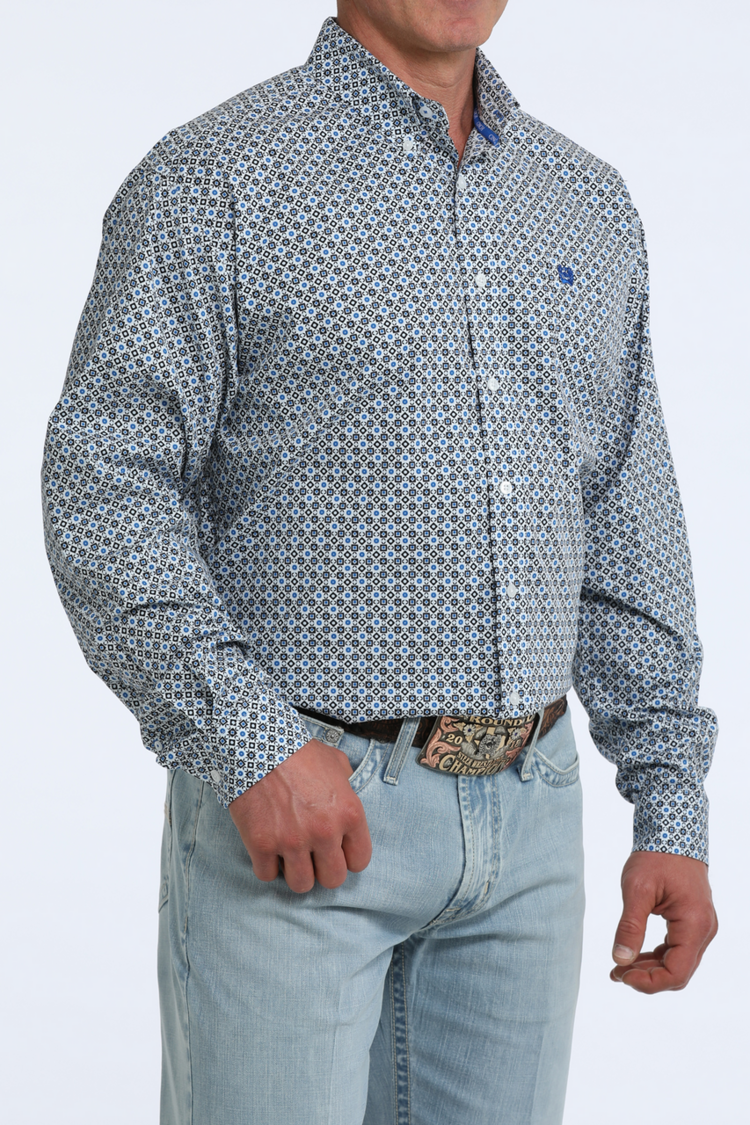 Cinch Geometric Print Button Down Light Blue