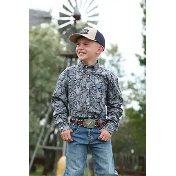 Cinch Youth Paisley Button Down Black Blue Tan