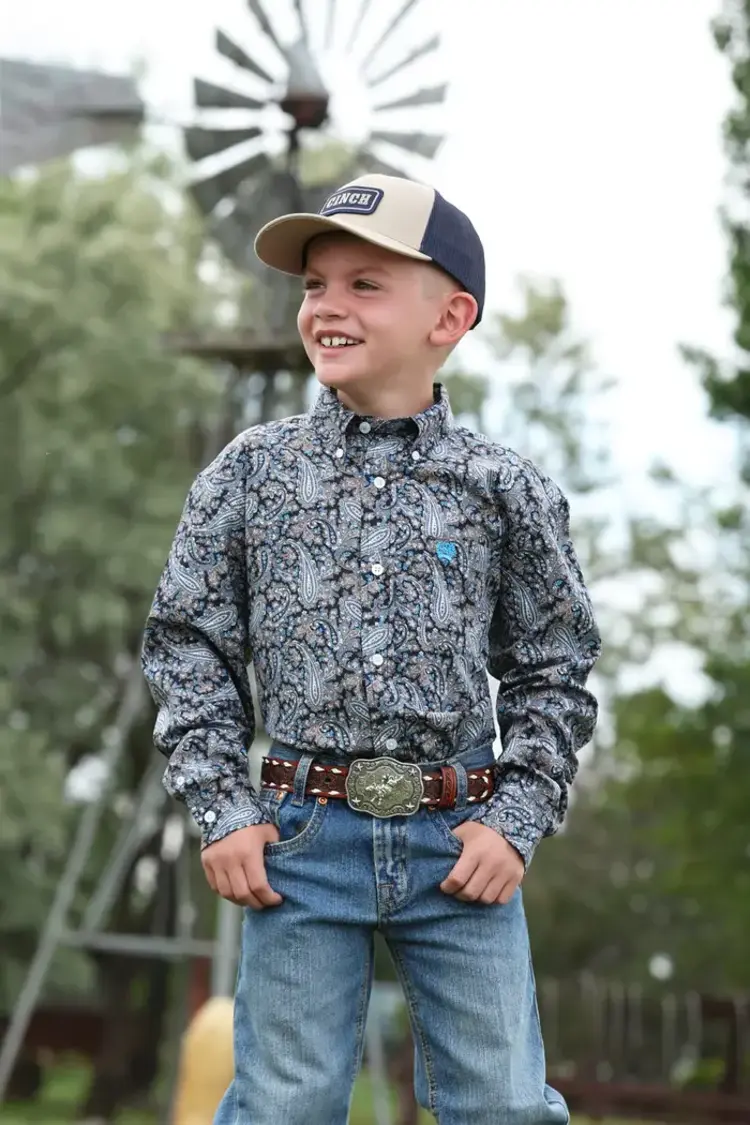 Cinch Youth Paisley Button Down Black Blue Tan