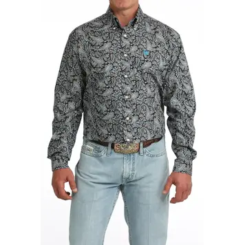 Cinch Paisley Button Down Black Blue Tan