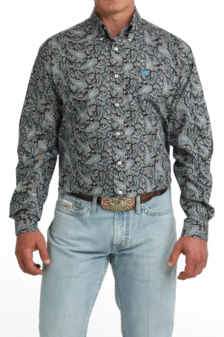 Cinch Paisley Button Down Black Blue Tan