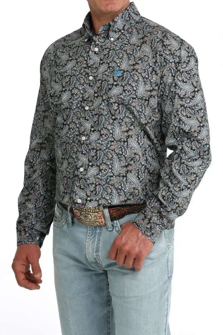 Cinch Paisley Button Down Black Blue Tan