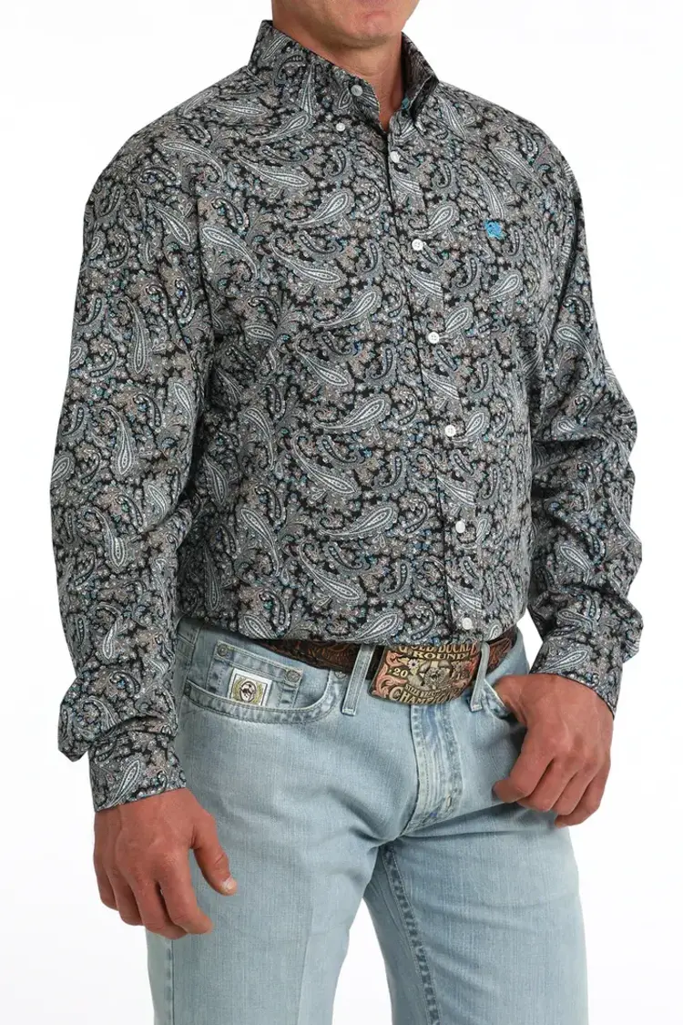 Cinch Paisley Button Down Black Blue Tan