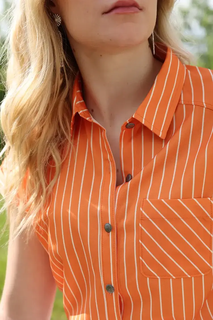 Cruel Denim Orange White Stripe Button Down Tee