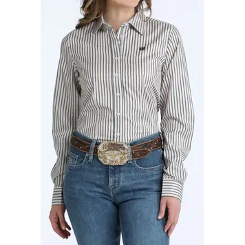 Cinch White Navy Peach Stripe Button Down