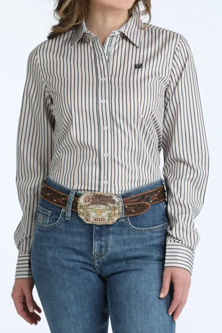 Cinch White Navy Peach Stripe Button Down