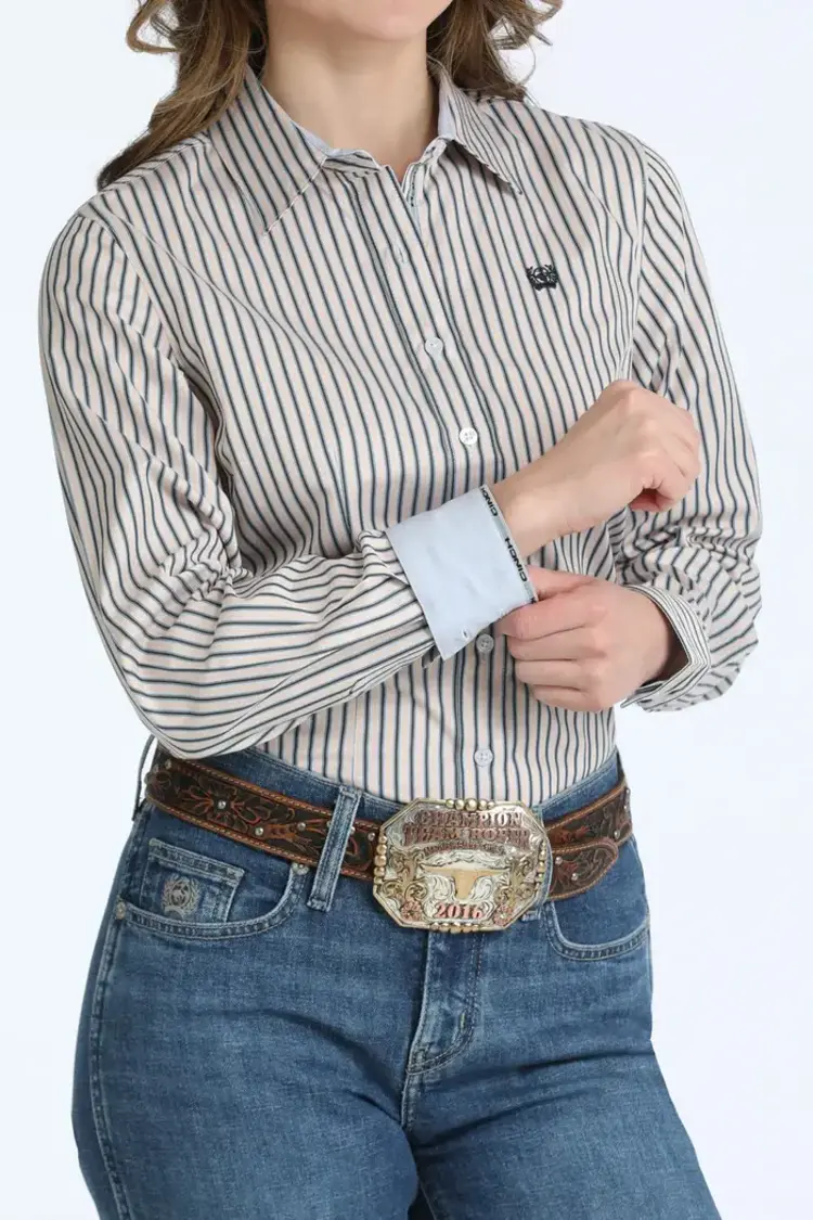 Cinch White Navy Peach Stripe Button Down