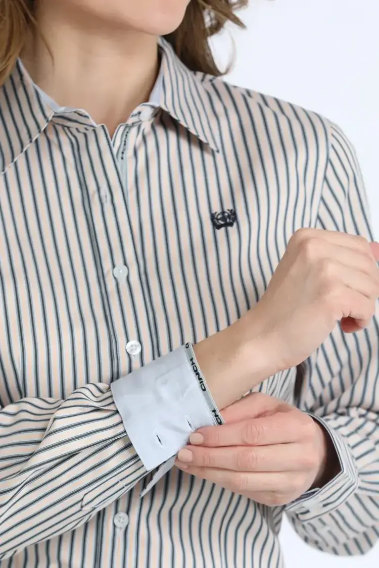 Cinch White Navy Peach Stripe Button Down