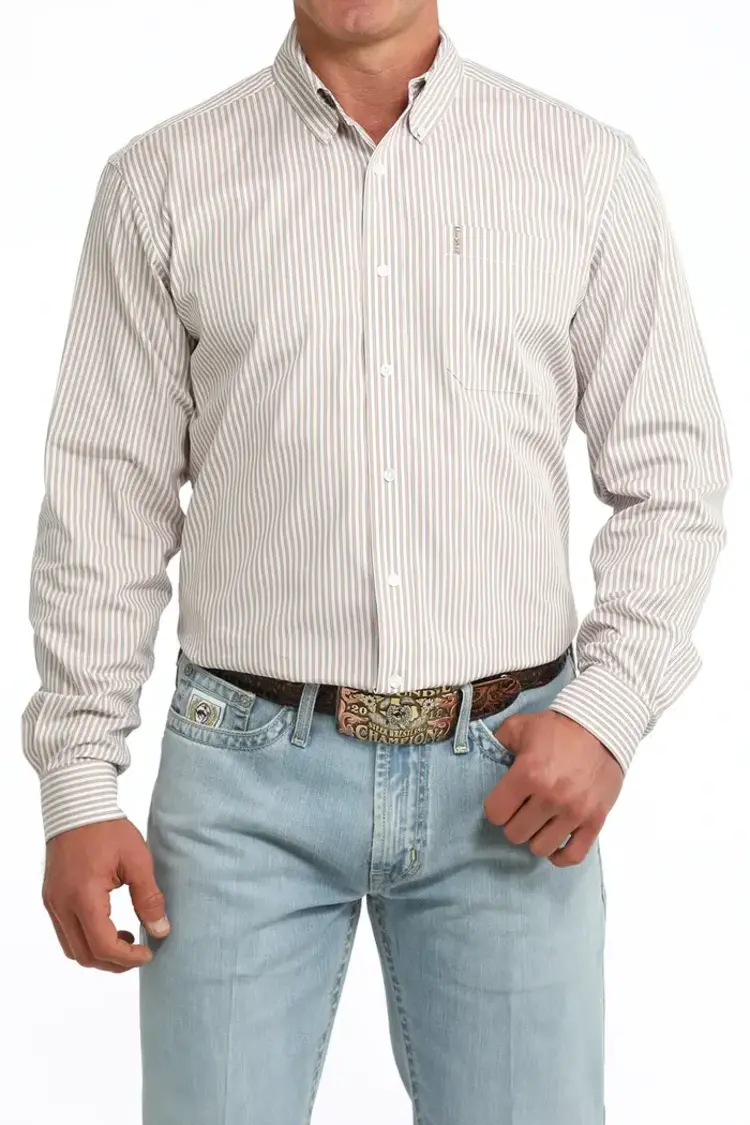 Cinch Modern Fit White Brown Stripe Button Down