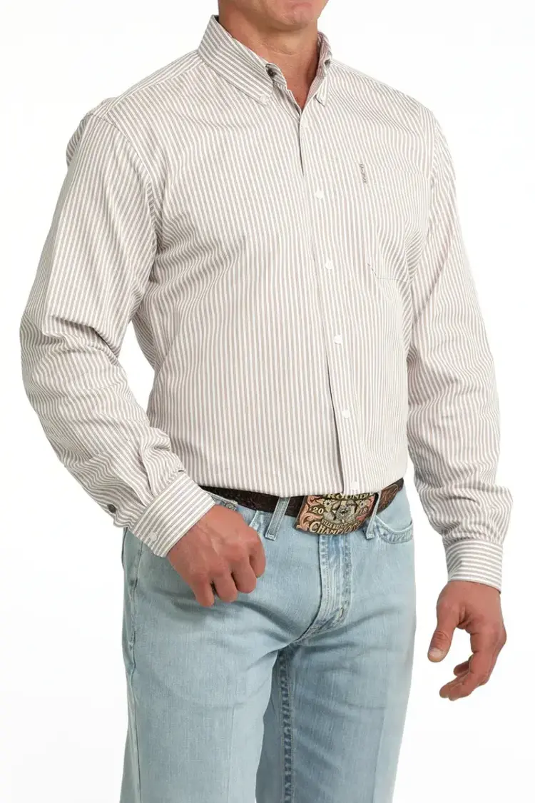 Cinch Modern Fit White Brown Stripe Button Down
