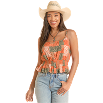 Rock & Roll Denim Patch Print Tank Rust