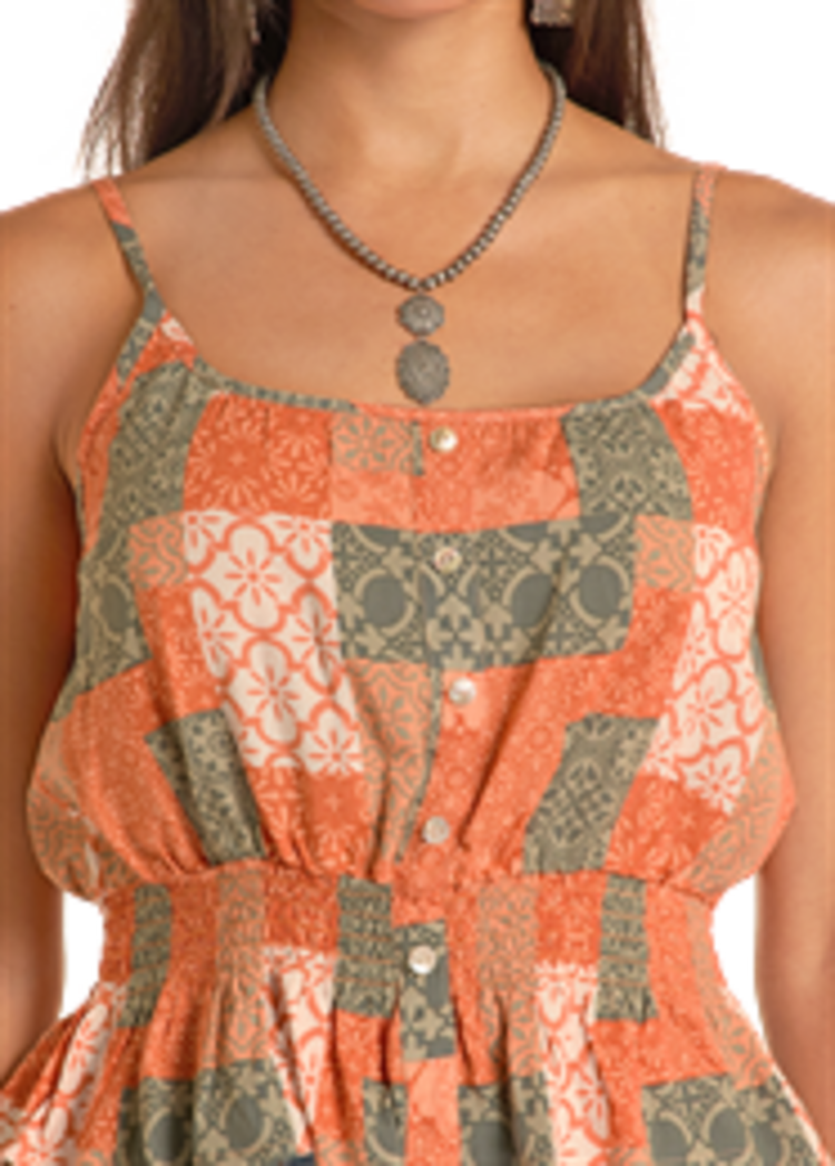 Rock & Roll Denim Patch Print Tank Rust