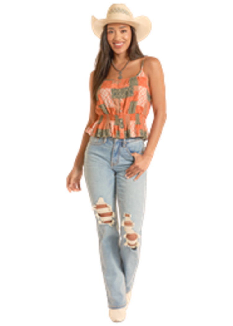 Rock & Roll Denim Patch Print Tank Rust