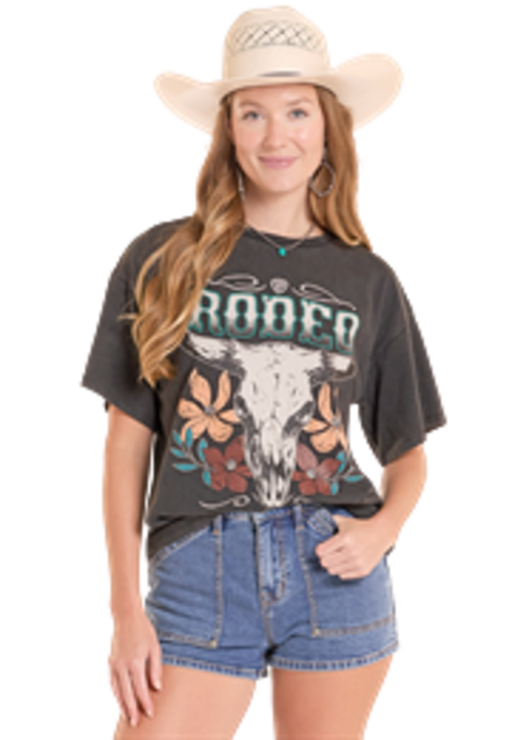 Rock & Roll Denim Oversize Floral Skull Tee Charcoal