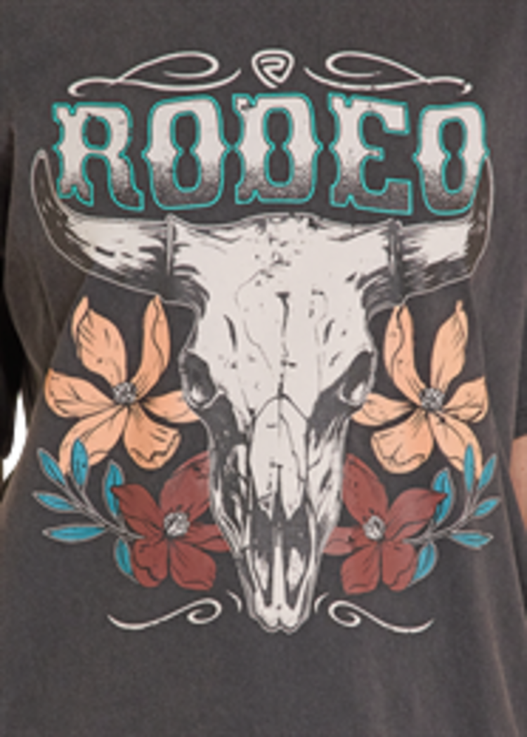 Rock & Roll Denim Oversize Floral Skull Tee Charcoal