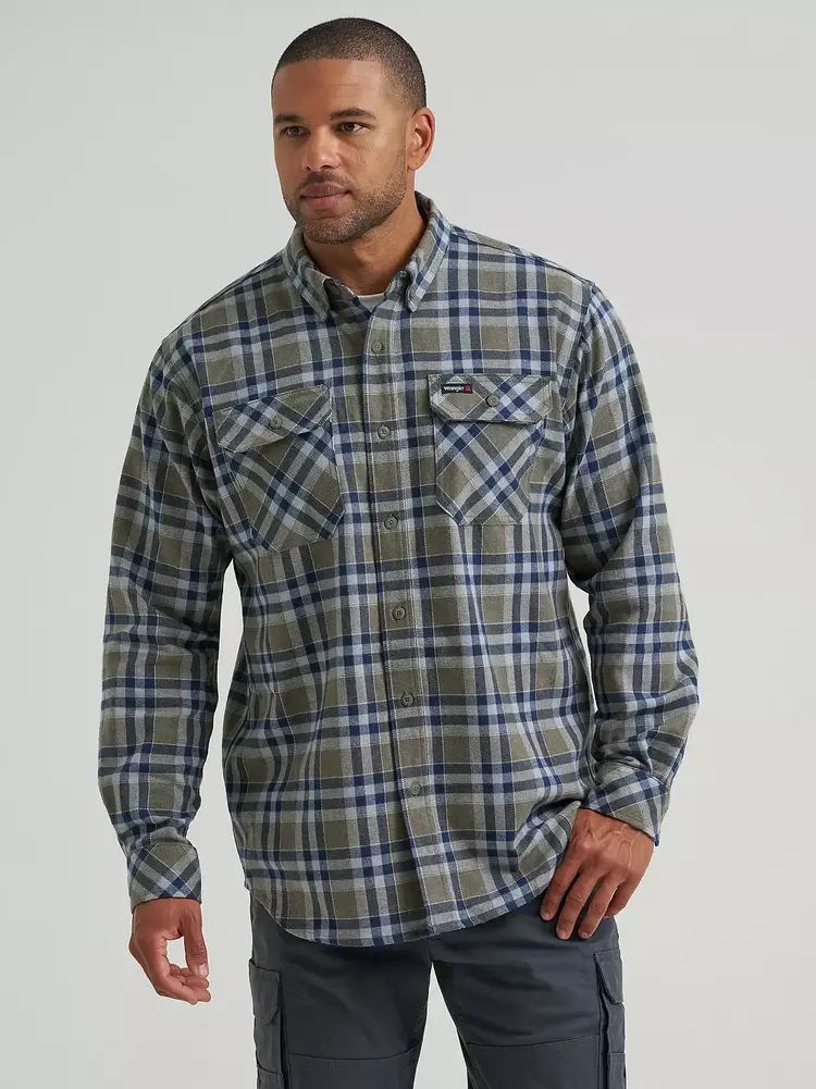 Wrangler RIGGS Flannel Foreman Plaid Work Shirt Field Olive