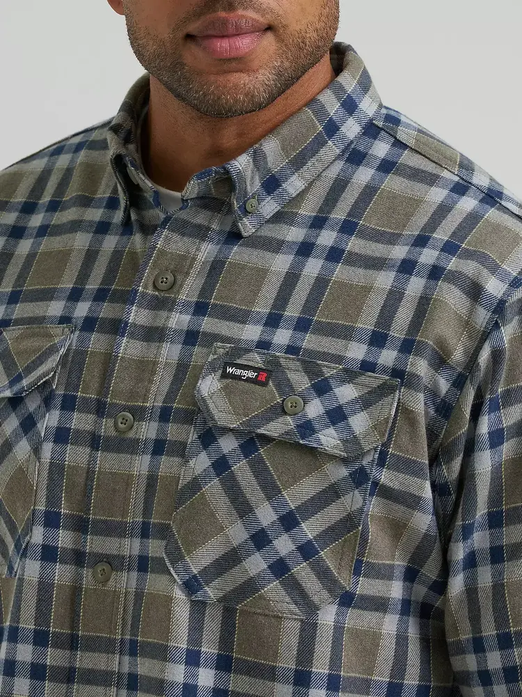 Wrangler RIGGS Flannel Foreman Plaid Work Shirt Field Olive