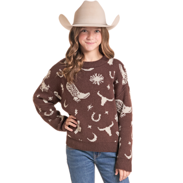 Rock & Roll Denim Youth Western Print Sweater Chocolate