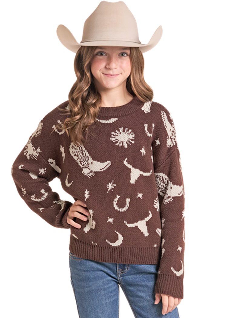 Rock & Roll Denim Youth Western Print Sweater Chocolate