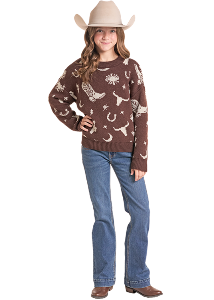Rock & Roll Denim Youth Western Print Sweater Chocolate