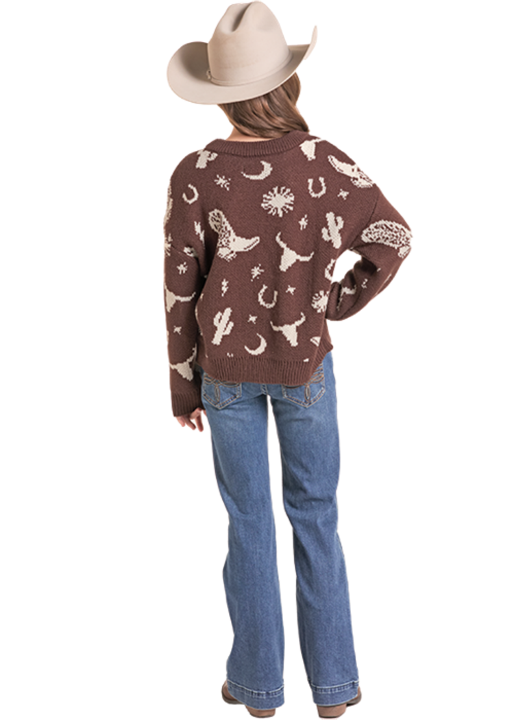 Rock & Roll Denim Youth Western Print Sweater Chocolate