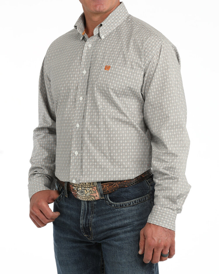 Cinch Diamond Floral Print Button Down White