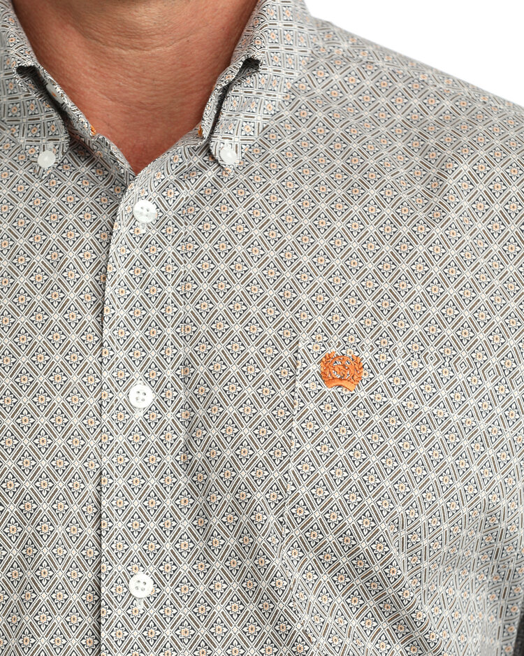 Cinch Diamond Floral Print Button Down White
