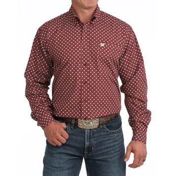 Cinch White Floral Print Button Down Burgundy