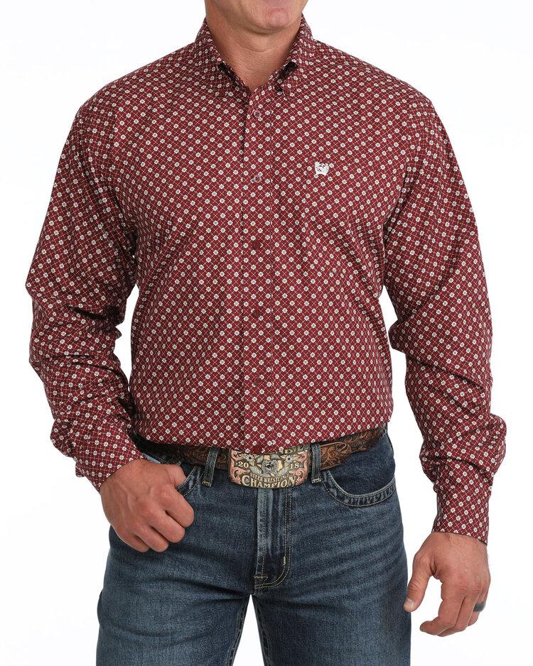 Cinch White Floral Print Button Down Burgundy
