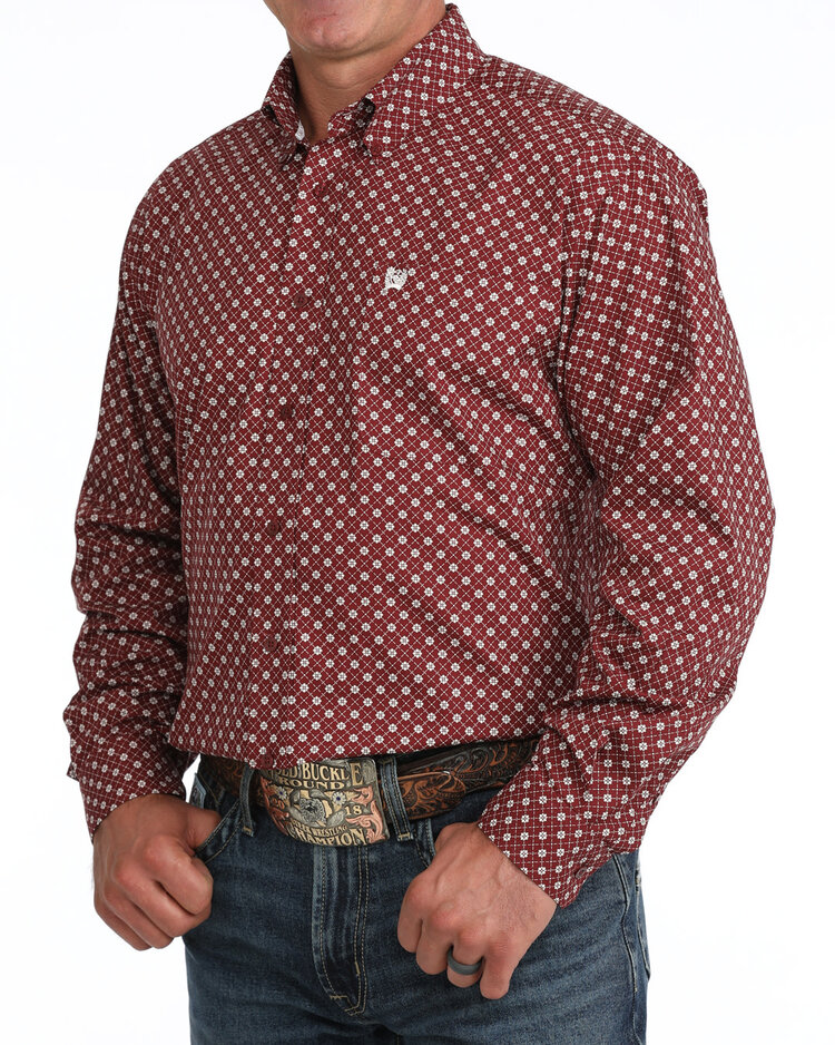 Cinch White Floral Print Button Down Burgundy