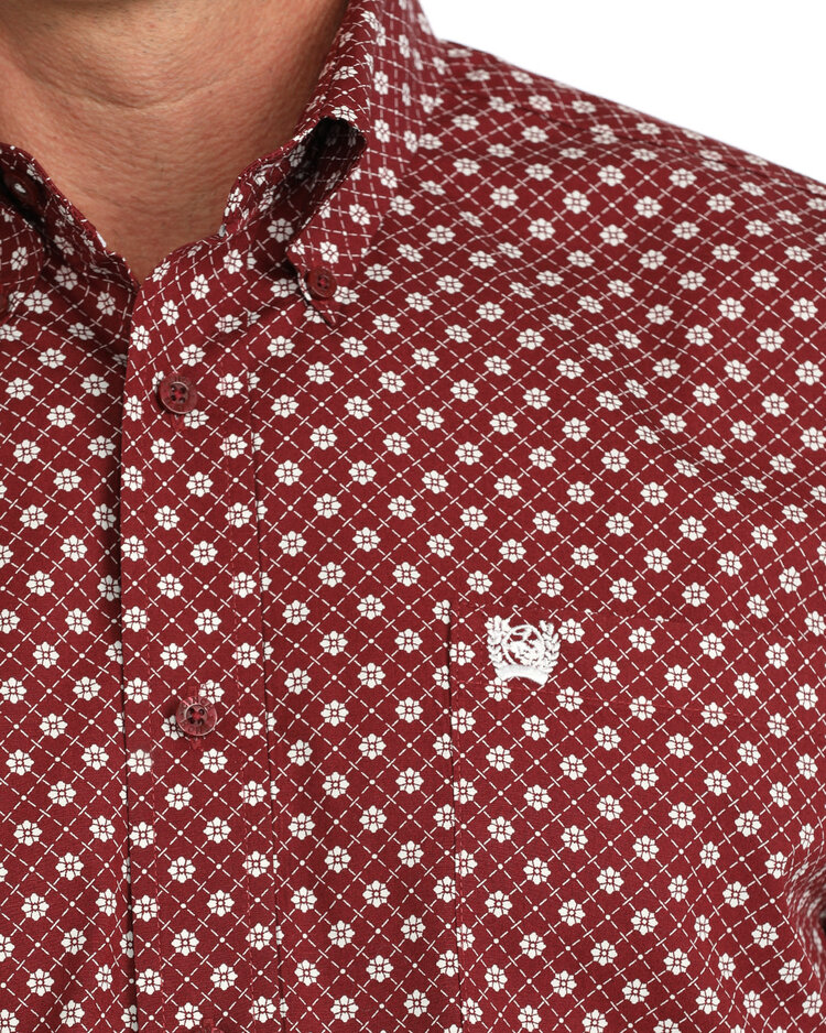 Cinch White Floral Print Button Down Burgundy
