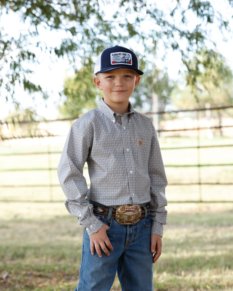Cinch Youth Geo Print Button Down White Brown