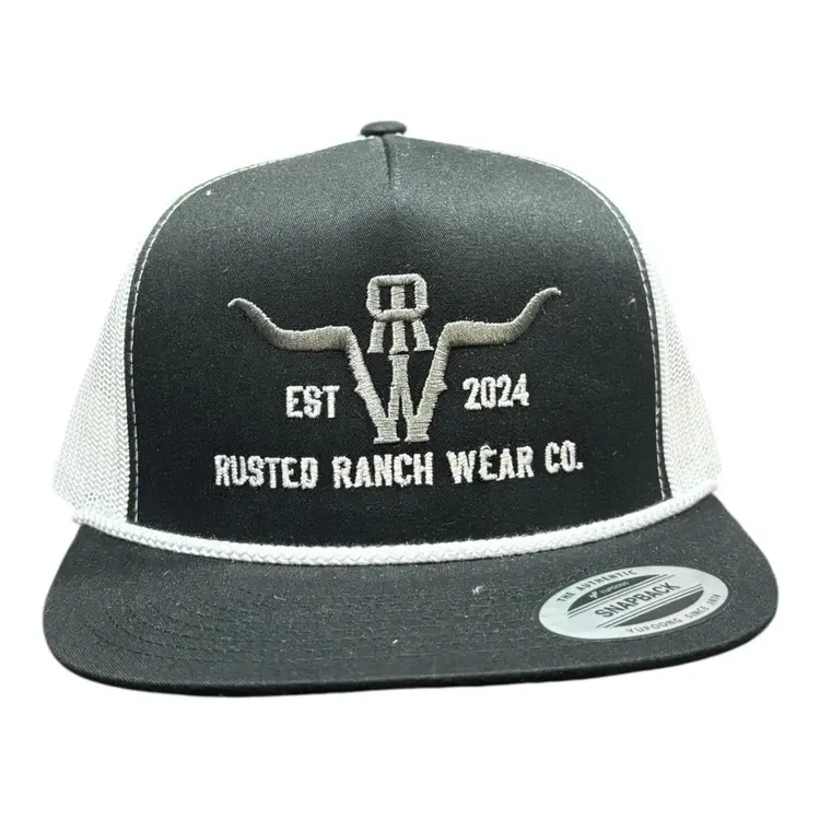 Rusted Ranch Wear Homestead RRW Flat Cap Black White Rope