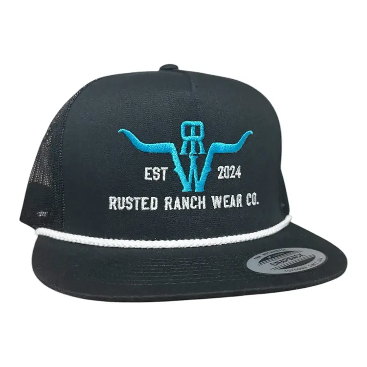 Rusted Ranch Wear Homestead RRW Flat Cap Black White Rope Teal