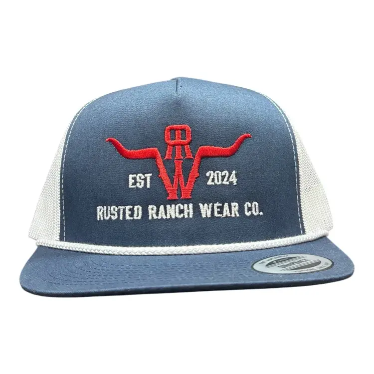Rusted Ranch Wear Homestead RRW Flat Cap Navy White Rope Red